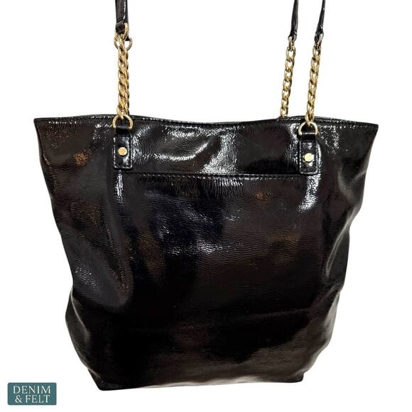 Michael Kors Black Patent Leather Tote Bag Gold Chain Shoulder Straps Large - Picture 6 of 13
